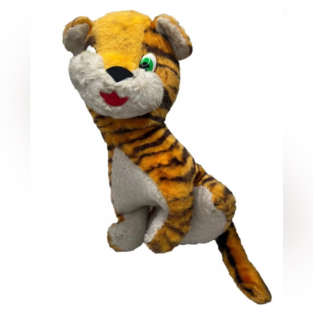Carnival Tiger Plush Stuffed Animal Vintage Green Plastic Eyes 15” Tall 8” Wide